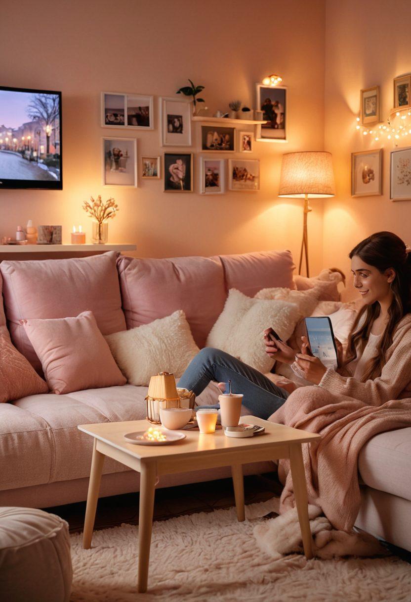 A cozy living room setting with a large flat-screen TV displaying a romantic movie scene, surrounded by a warm glow of fairy lights. A couple cuddled on a plush couch, popcorn spilling on a coffee table filled with romance novels and digital devices showcasing popular streaming platforms. Soft pastel colors and whimsical elements create a sense of warmth and intimacy, inviting the viewer to lose themselves in the world of love stories. super-realistic. warm tones. cozy atmosphere.