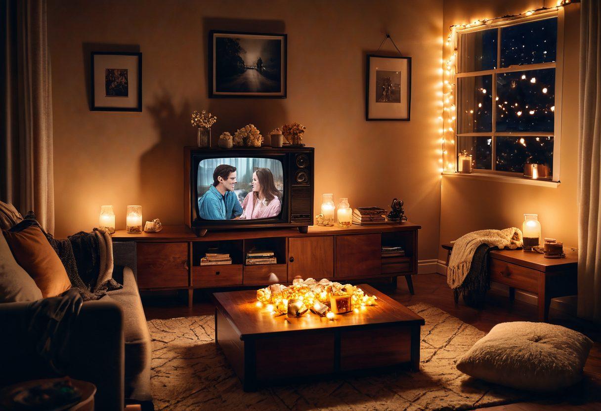 A cozy living room featuring a vintage television set displaying a heartwarming scene from a beloved TV show, surrounded by scattered popcorn, comfy blankets, and a warm glow from fairy lights. Include emotional expressions on people's faces as they watch together, depicting a sense of affection and connection. The room should be filled with framed photos of memorable moments from various affectionate TV shows. warm colors. soft lighting. cozy atmosphere.