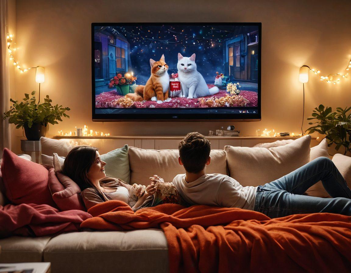 A cozy living room scene featuring a couple snuggled on a couch, surrounded by colorful blankets and popcorn, with a large screen displaying a romantic movie. Soft fairy lights illuminate the room, enhancing the mood of intimacy. A cat lazily sprawls on the side, adding a touch of warmth, while streaming platform logos hover playfully in the background. super-realistic. vibrant colors. cozy ambiance.